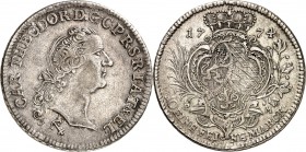Jülich-Jülich-Berg, Hzgt. unter Pfalz 1624-1806. 
Karl Theodor 1742-1799. Konv.-Taler 1774 Düsseldorf. Schmalerer Kopf n. r. / Gekr. 3-teiliges Wappe...
