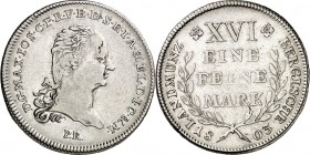 Jülich-Jülich-Berg, Hzgt. unter Pfalz 1624-1806. 
Maximilian Joseph von Bayern 1799-1806. Bergischer Reichstaler 1803 Kopf n.r. / XVI EINE FEINE MARK...