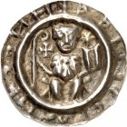 Kempten-Abtei. 
Heinrich II. / Werner 1197-? / ?-1208. Brakteat 0,48g Thronender Abt auf Klappstuhl mit Krummstab u.Buch,links Kreuz,rechts Stern +PR...