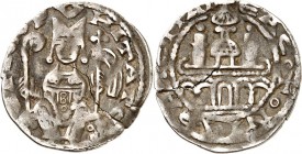 Köln-Erzbistum. 
Philipp von Heinsberg 1167-1191. Denar (4.&nbsp;Typ) (1181/1190) 1,38g. Sitzender Erzbischof mit Krummstab und Fahne / Mauerring mit...