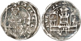 Köln-Erzbistum. 
Engelbert I. Graf von Berg 1216-1225. Denar (1.&nbsp;Typ) (1217/18) 1,40g. Erzbischof sitzt mit Mitra, Pedum und Messbuch v.v. + ENG...