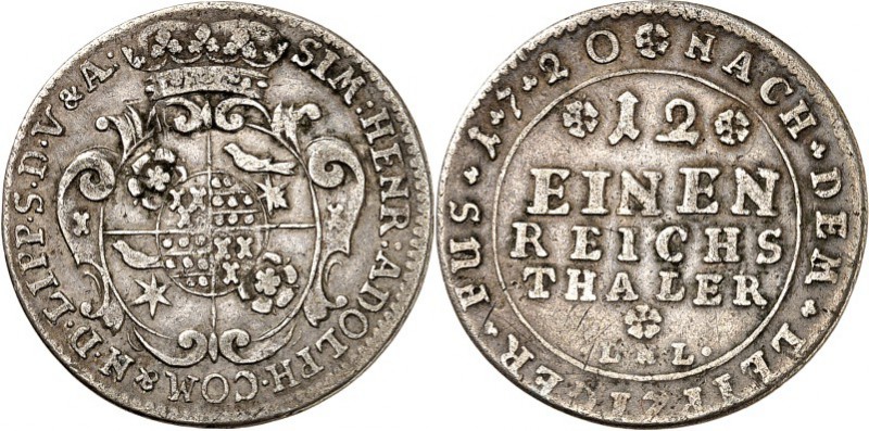 Lippe-Detmold. 
Simon Heinrich Adolf 1718-1734. 1/12 Taler 1720 nach Leipziger ...