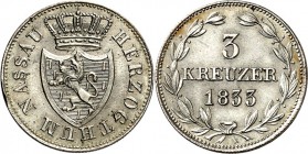 Nassau. 
Wilhelm 1816-1839. 3 Kreuzer 1833 selt. Jahr !. AKS&nbsp; 50, J.&nbsp; 39. . 

vz