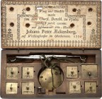 Deutsche Gebiete. 
BERG. 
Johann Peter AECKERSBERG, Wichlinghausen *1707 +1790. Kleine Münzwaage (1776). mit 13 Gewichten.Holzkasten, 129x63x23mm, I...