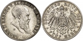 KAISERREICH. 
SACHSEN-MEININGEN, Herzogtum. 
5 Mark 1901 Georg II., 75 Jahre. J.&nbsp; 150. . 

ss+