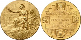 ÜBERSEE. 
BOLIVIEN. 
Medaille 1925 (v. Horta) a.d. Int. Jahrhundertausstellung v. Bolivien. Nach l. gewandt sitzende weibl. Personifikation hält Lor...