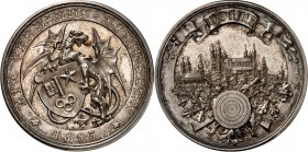 DEUTSCHE STÄDTE. 
Alphabetisch. 
WORMS. Medaille 1895 (v. A.S. ST.) a.d. XIV. Verbandsschießen. Greif mit Stadtschild / Stadtansicht über Schützenem...