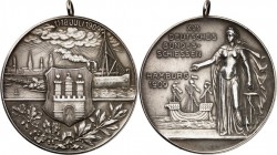 DEUTSCHE STÄDTE. 
SCHÜTZEN - DEUTSCHLAND. 
HAMBURG. Medaille 1909 a. d. 16. Dt. Bundesschießen vom 11.-18. Juli. Hammonia mit Anker vor Kogge / Stad...