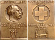 PERSONEN. 
POLITIKER. 
GODART, Justin *1871 +1956. Plakette 1930 (v. Jean Chorel) Widmung s. Freunde. Kopf im Rund n.r., darunter 3 Z. Text u. eine ...