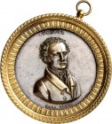 PERSONEN. 
POLITIKER. 
MANUEL, Jacques-Antoine *1775 +1827. Medaille 1823 (o. Sign.) Brb. n. halbrechts. In vergoldetem, verzierten Schmuckrahmen, m...