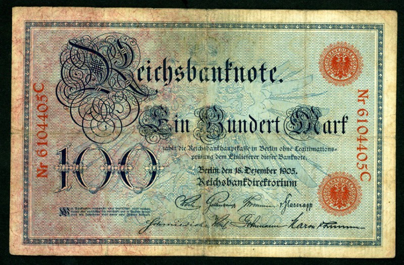Deutsches Kaiserreich. 
100 Mark 18.12.1905 Reichsbanknote KN 29 mm ohne "RBD"....