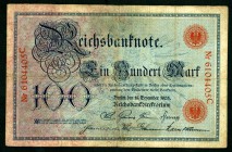 Deutsches Kaiserreich. 
100 Mark 18.12.1905 Reichsbanknote KN 29 mm ohne "RBD". Ros. 23, Grab. DEU 20. . 

III-IV