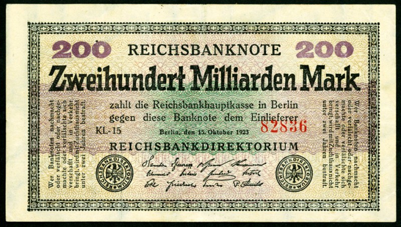 Inflation von 1919/1924. 
200 Milliarden Mark 15.10.1923 Reichsbanknote, Wz. Ha...