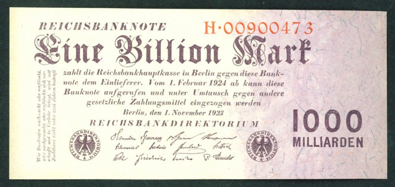 Inflation von 1919/1924. 
1 Billion Mark 1.11.1923 Reichsdruckerei, Serie H, oh...