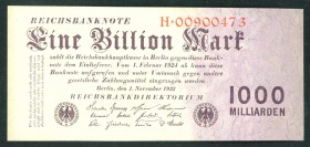 Inflation von 1919/1924. 
1 Billion Mark 1.11.1923 Reichsdruckerei, Serie H, ohne Farbunterdruck. Ros. 126a/155a. . 

I-