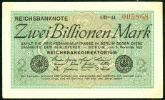 Inflation von 1919/1924. 
2 Billionen Mark 5.11.1923 Wz. Ringe, KN 6stellig FZ:UB. Ros. 132c, Grab. DEU 163. . 

I