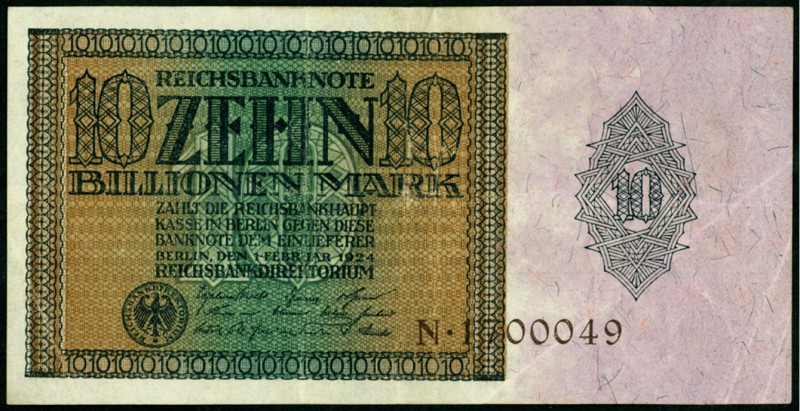 Inflation von 1919/1924. 
10 Billionen Mark 1.2.1924 Serie P. Ros. 134, Grab. D...