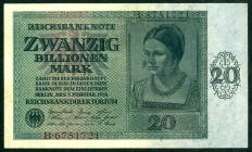 Inflation von 1919/1924. 
20 Billionen Mark 5.2.1924 Serie B. Ros. 135, Grab. DEU 168. . 

II+