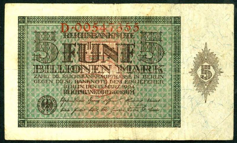 Inflation von 1919/1924. 
5 Bio. Mark 15.3.1924 Serie D. Ros. 138, Grab. DEU 17...