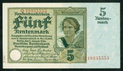 Rentenbank von /. 
5 Rentenmark 2.1.1926 Reichsdruckerei, KN 8-stellig, Serie J. Ros. 164b, DEU 209. . 

I