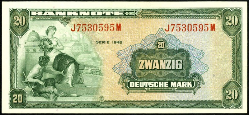 Bundesrepublik. 
Bank Deutscher Länder. 
20 Deutsche Mark 1948 J-M. Ros. 240. ...
