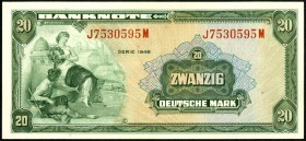 Bundesrepublik. 
Bank Deutscher Länder. 
20 Deutsche Mark 1948 J-M. Ros. 240. . 

II