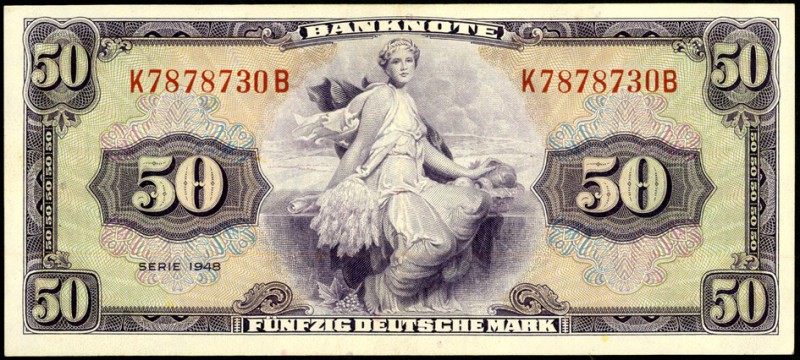 Bundesrepublik. 
Bank Deutscher Länder. 
50 Deutsche Mark 1948 K-B. Ros. 242. ...