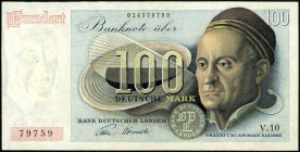 Bundesrepublik. 
Bank Deutscher Länder. 
100 Deutsche Mark 9.12.1948 Blockziffer V 10. Ros. 256. . 

I-