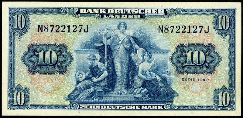Bundesrepublik. 
Bank Deutscher Länder. 
10 Deutsche Mark 1949 N-J. Ros. 259. ...