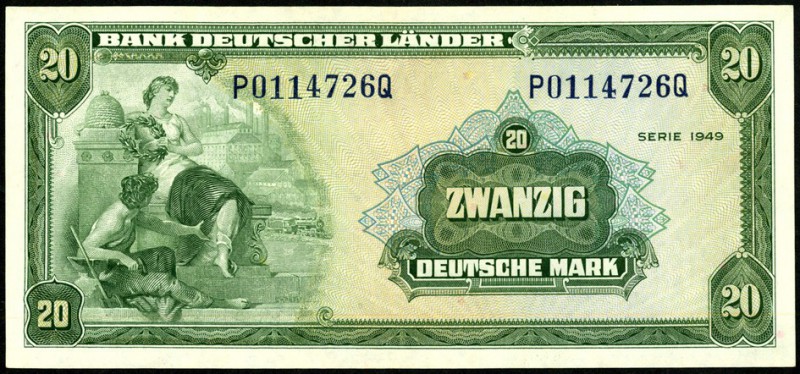 Bundesrepublik. 
Bank Deutscher Länder. 
20 Deutsche Mark 22.8.1949 P-Q. Ros. ...