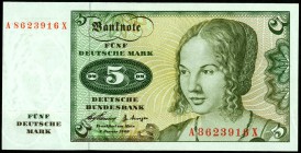 Bundesrepublik. 
Bundesbank. 
5 Deutsche Mark 2.1.1960 A- X. Ros. 262e. . 

I