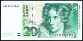 Bundesrepublik. 
Bundesbank. 
20 Deutsche Mark 1.8.1991 AA-N. Ros. 298a. . 

I