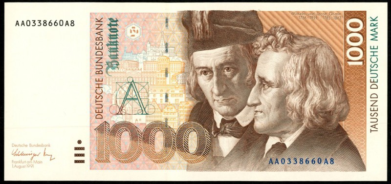 Bundesrepublik. 
Bundesbank. 
1000 Deutsche Mark 1.8.1991 AA-A. Ros. 302a. . ...