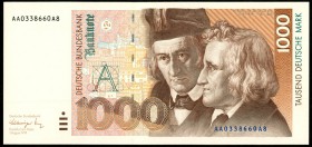 Bundesrepublik. 
Bundesbank. 
1000 Deutsche Mark 1.8.1991 AA-A. Ros. 302a. . 

I-