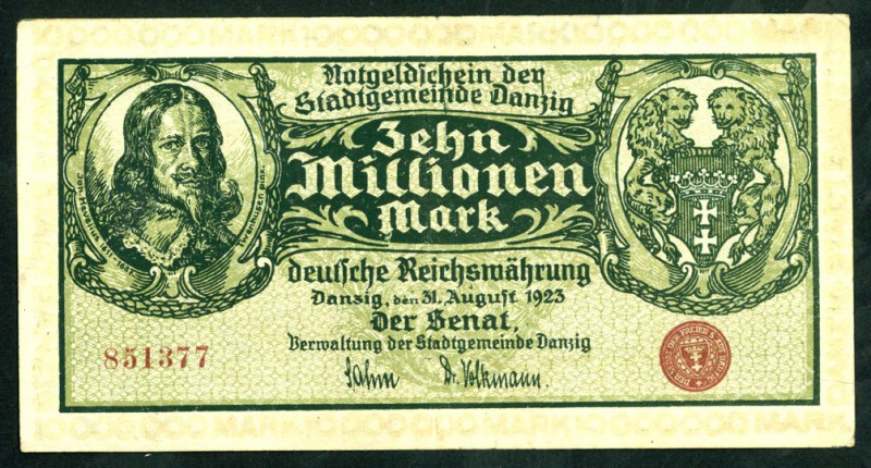 Deutsche Nebengebiete und Kolonien. 
DANZIG. 
10 Mio. Mark 31.8.1923 Wz.Tropfe...
