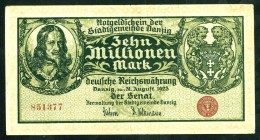 Deutsche Nebengebiete und Kolonien. 
DANZIG. 
10 Mio. Mark 31.8.1923 Wz.Tropfen. Ros. 804a/DAN 28. . 

I-