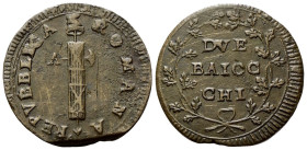 ANCONA
Prima Repubblica Romana, 1798-1799.
Due Baiocchi s. data.
Æ
gr. 18,87
Dr. REPVBLICA - ROMAN. Fascio con scure e sormontato da pileo; a s.,...