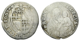 BOLOGNA
Alessandro VII (Fabio Chigi), 1655-1667.
Carlino 1667.
Mi
gr. 1,66
Dr. BONONIA DOCET 1667. Stemma della città.
Rv. PRAESIDIVM ET DECVS. ...