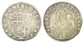 BOLOGNA
Clemente X (Emilio Altieri), 1670-1676.
Carlino 1673.
Ag
gr. 1,76
Dr. BONONIA DOCET. Stemma della città; sotto, 16 - 73.
Rv. PRAESIDIVM ...