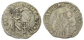 BOLOGNA
Clemente X (Emilio Altieri), 1670-1676.
Carlino 1674.
Ag
gr. 1,84
Dr. BONONIA DOCET. Stemma della città; sotto, 16 - 74.
Rv. PRAESIDIVM ...