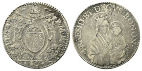 BOLOGNA
Pio VI (Giannangelo Braschi), 1775-1799.
Paolo o Mezza Lira 1781.
Ag
gr. 2,56
Dr. PIVS VI - P M 1781. Stemma sormontato da triregno e chi...