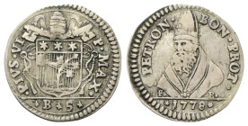 BOLOGNA
Pio VI (Giannangelo Braschi), 1775-1799.
Carlino da 5 Bolognini 1778.
Ag
gr. 1,31
Dr. PIVS VI - P MAX. Stemma a targa sormontato da trire...