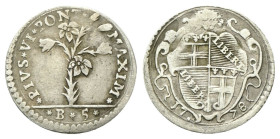 BOLOGNA
Pio VI (Giannangelo Braschi), 1775-1799.
Carlino da 5 Bolognini 1778.
Ag
gr. 1,21
Dr. PIVS VI PONT - MAXIM. Pianta di giglio; in esergo, ...