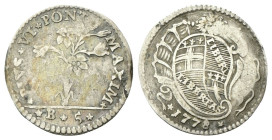 BOLOGNA
Pio VI (Giannangelo Braschi), 1775-1799.
Carlino da 5 Baiocchi 1778.
Ag
gr. 1,62
Dr. PIVS VI PONT - MAXIM. Pianta di giglio.
Rv. Stemma ...