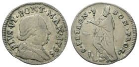 BOLOGNA
Pio VI (Giannangelo Braschi), 1775-1799.
Muraiola da 4 Baiocchi 1796.
Mi
gr. 3,01
Dr. PIVS VI PONT MAX. Busto a d., con zucchetto, mozzet...