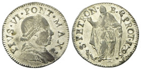 BOLOGNA
Pio VI (Giannangelo Braschi), 1775-1799.
Muraiola da 4 Baiocchi 1796.
Mi
gr. 3,88
Dr. PIVS VI PONT MAX. Busto a d., con zucchetto, mozzet...