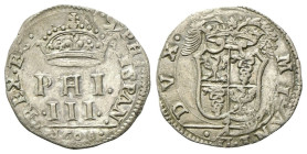 MILANO
Filippo III di Spagna, Duca di Milano, Re di Napoli e di Sicilia, 1598-1621.
Denaro da 4 Soldi 1608.
Mi
gr. 2,88
Dr. HISPAN REX E C. Le le...