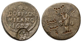 MILANO
Carlo II di Spagna, duca di Milano, 1676-1700.
Peso monetale 1683 contromarcato del 4 Scudi d’oro.
Æ
gr. 13,17
Dr. DOBELON / MILANO / 1683...