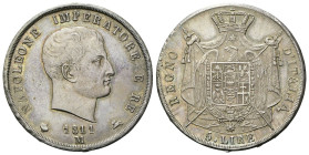 MILANO
Napoleone I Re d’Italia, 1805-1814.
5 Lire 1811 II Tipo, puntali aguzzi.
Ag
gr. 24,89
Dr. Testa nuda a d.
Rv. Stemma coronato su padiglio...