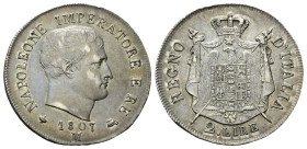 MILANO
Napoleone I Re d’Italia, 1805-1814.
2 Lire 1807 cifre spaziate.
Ag
gr. 9,95
Dr. Testa nuda a d.
Rv. Stemma coronato su padiglione sorrett...